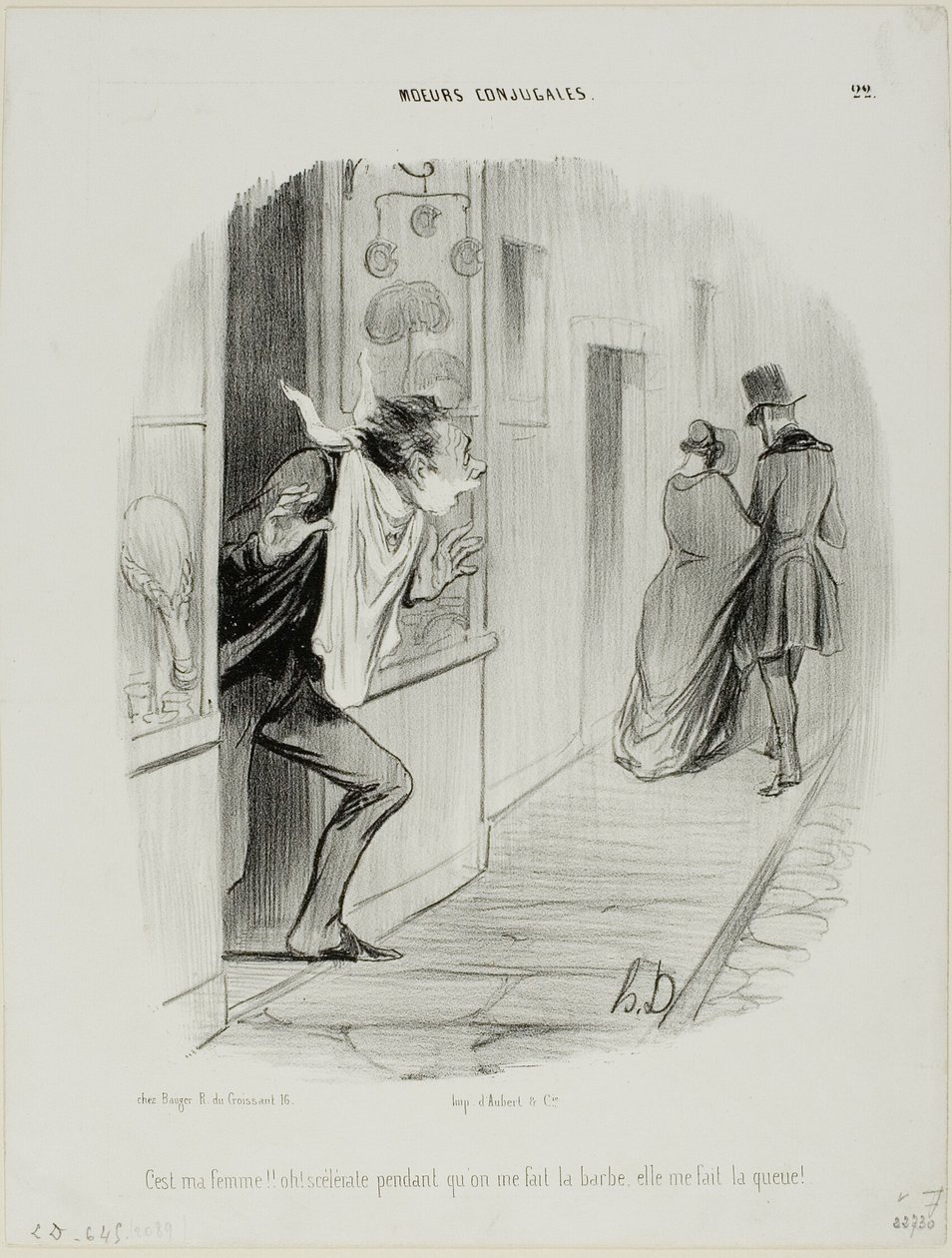 "Der går min kone! Åh, den stakkel, mens jeg barberer mig, gør hun mig til hanrej!", plade 22 fra Moeurs Conjugales af Honoré Victorin Daumier
