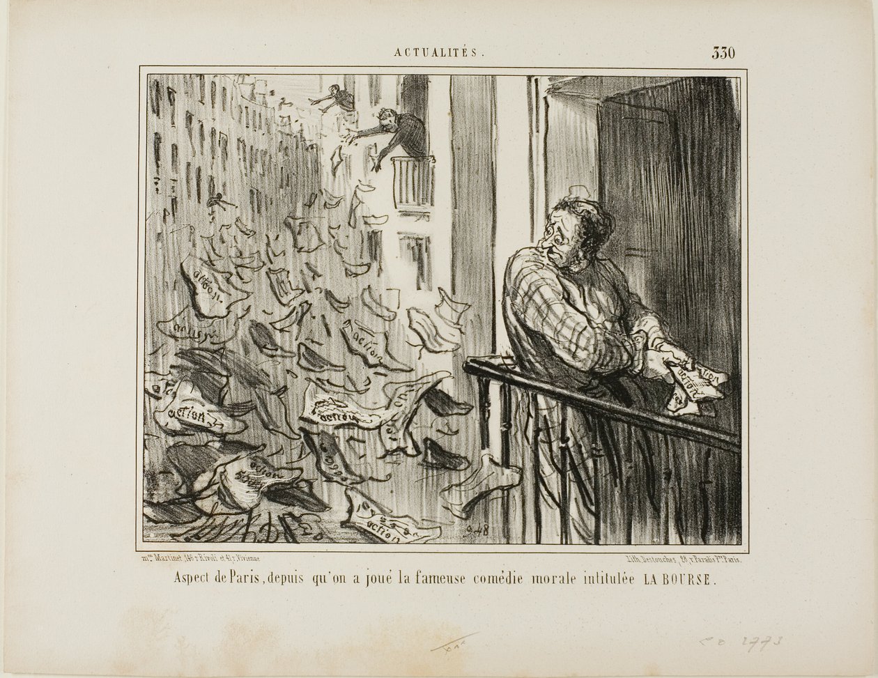 Udsigt over gaderne i Paris efter opførelsen af den berømte moralistiske komedie "La Bourse", plade 330 fra Actualités af Honoré Victorin Daumier