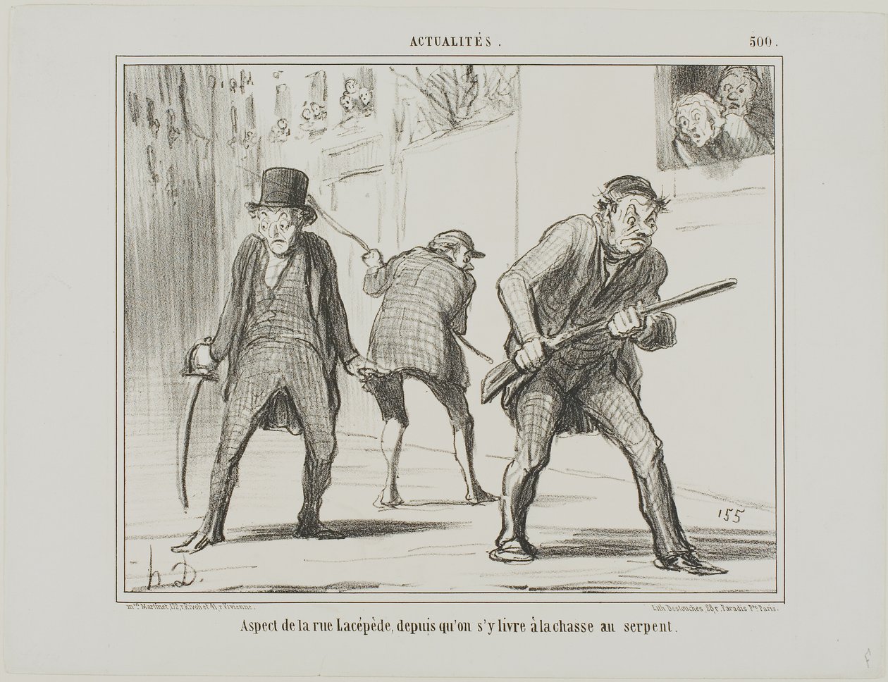 Udsigt over rue Lacépède under jagten på en slange, plade 500 fra Actualités af Honoré Victorin Daumier