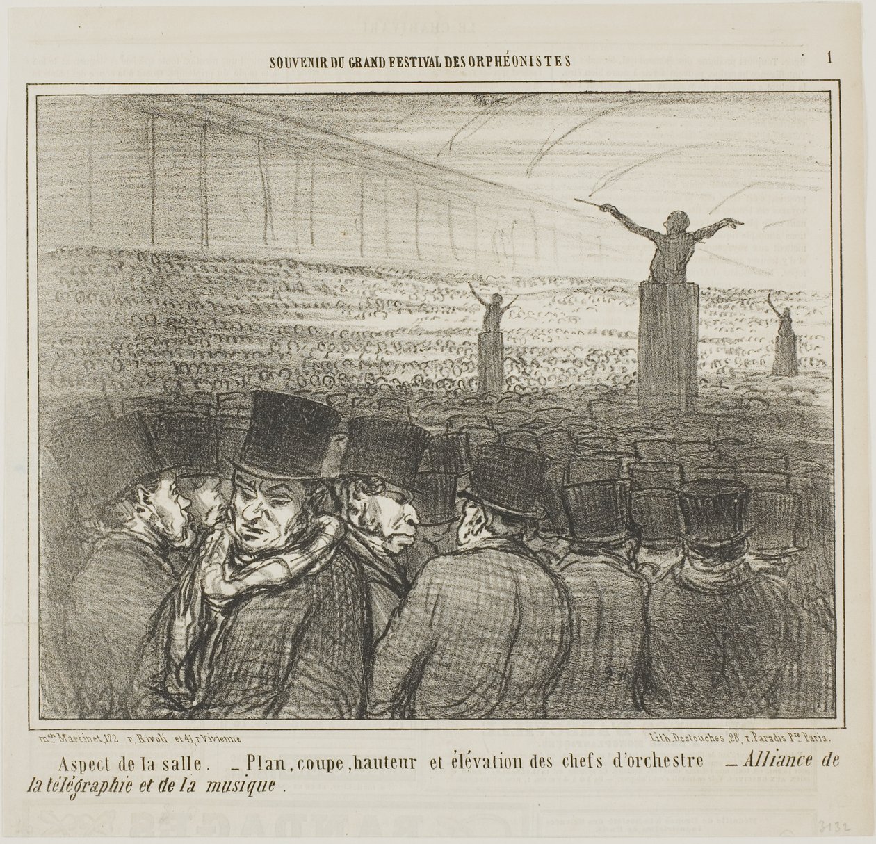 Udsigt over den store sal, planche 1 fra Souvenirdu Grand Festival des Orphéonistes af Honoré Victorin Daumier