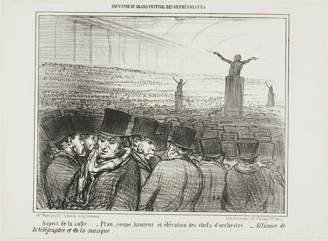 Udsigt over den store sal. Kort, højde og udsigt foran dirigenten. Den store alliance mellem telegraf og musik, planche 1 fra Souvenir Du Grand Festival Des Orphéonistes af Honoré Victorin Daumier