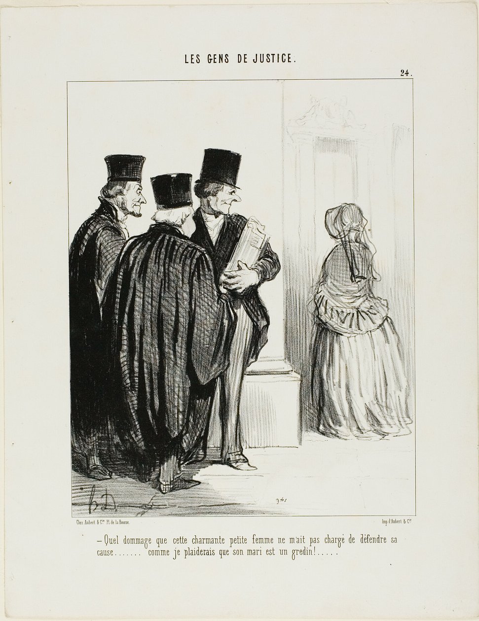 "Sikke en skam, at denne dejlige lille dame ikke bad mig om at fremlægge hendes sag [i retten]... Jeg ville elske at plædere for, at hendes mand er en skurk ...", plade 24 fra Les Gens De Justice af Honoré Victorin Daumier