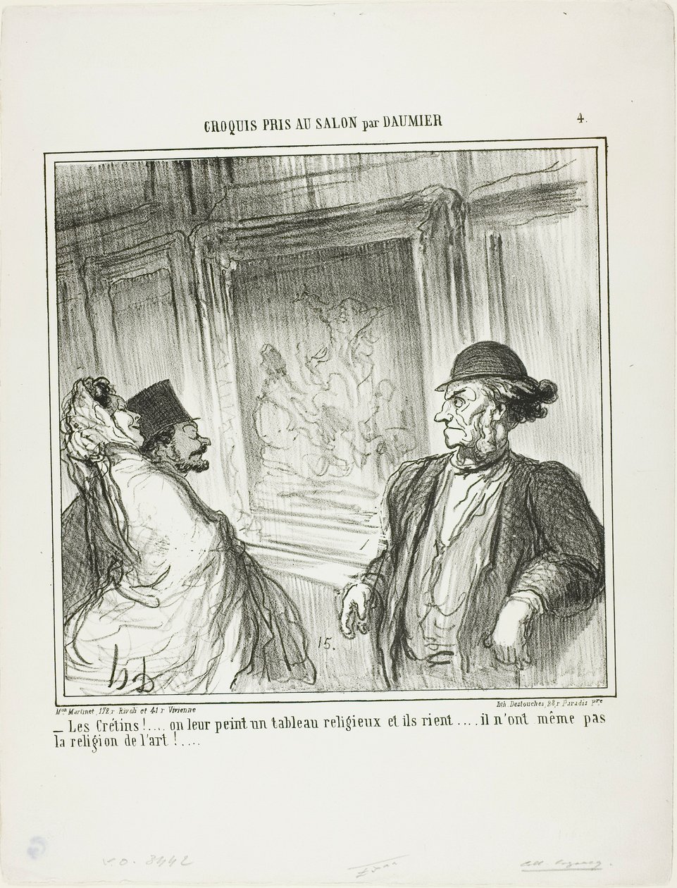 "Sikke nogle idioter! Du maler et religiøst billede for dem, og de griner.... de har ikke engang en hengivenhed for kunst!...", plade 4 fra Croquis Pris Au Salon par Daumier af Honoré Victorin Daumier