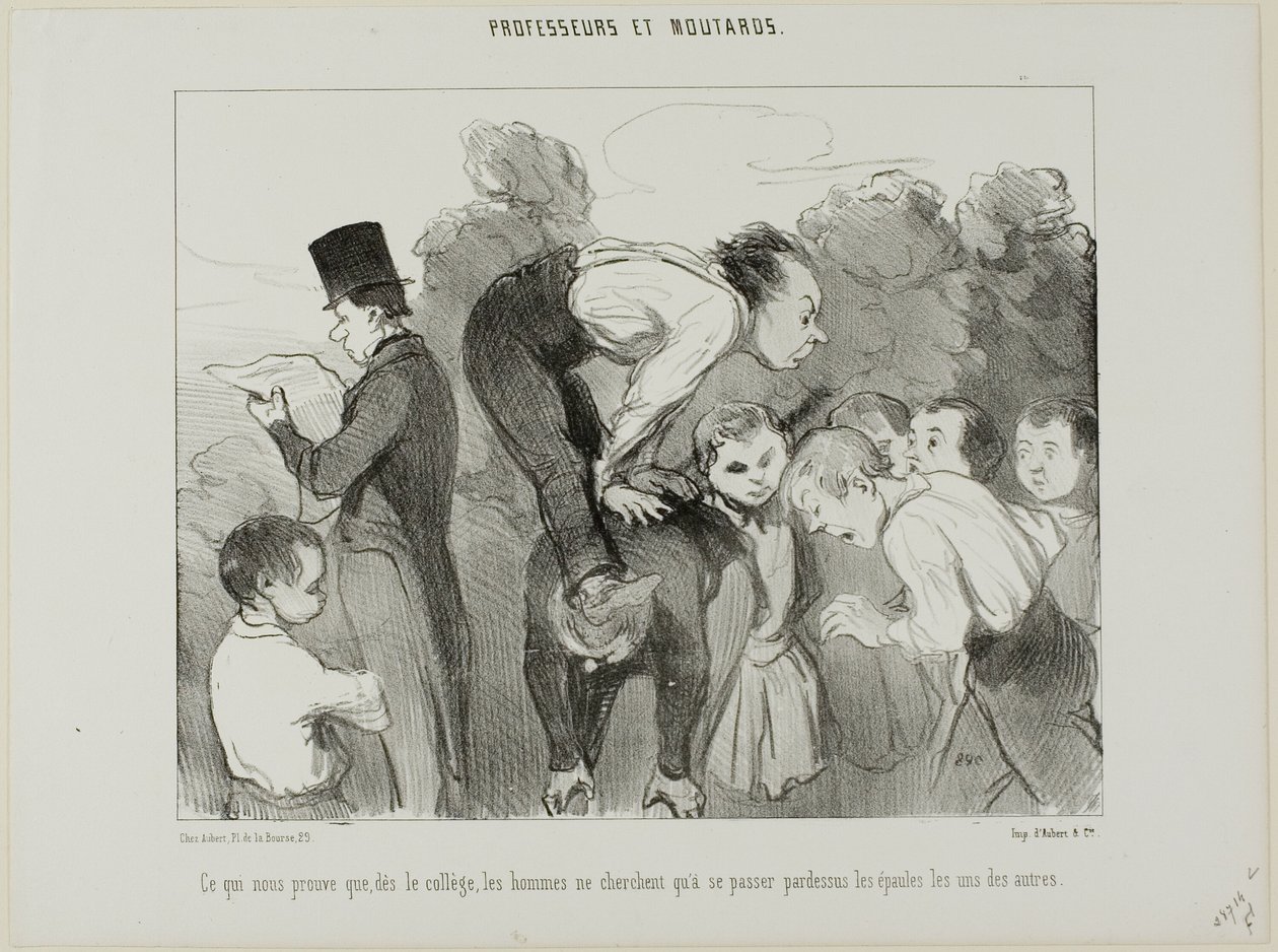 Hvilket igen beviser, at mennesket allerede fra gymnasiet støtter sig på skuldrene af sin slægt for at komme videre i livet, planche 30 fra Professeurs Et Moutards af Honoré Victorin Daumier