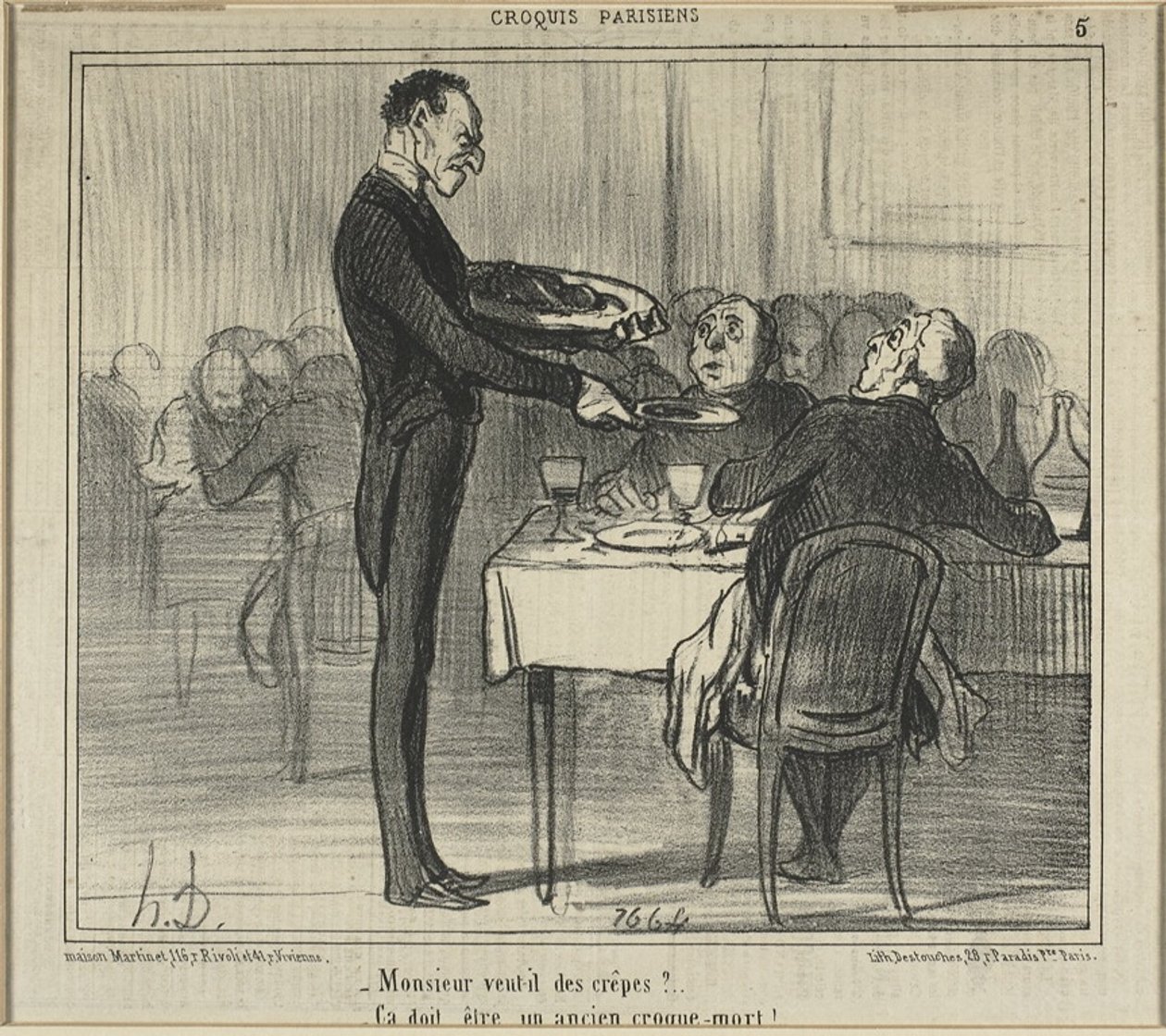 "Vil Monsieur have nogle crêpes... Han må have været bedemand", plade fem fra Croquis Parisiens (Parisiske skitser) af Honoré Victorin Daumier