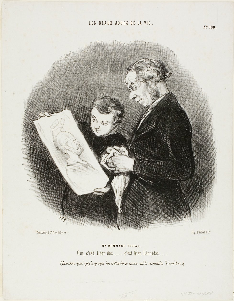 "Ja, det er Leonidas...... Ingen tvivl, det er Leonidas!" (Den lykkelige far finder det passende at blive rørt ved at anerkende Leonidas), planche 100 fra Les Beaux Jours De La Vie af Honoré Victorin Daumier