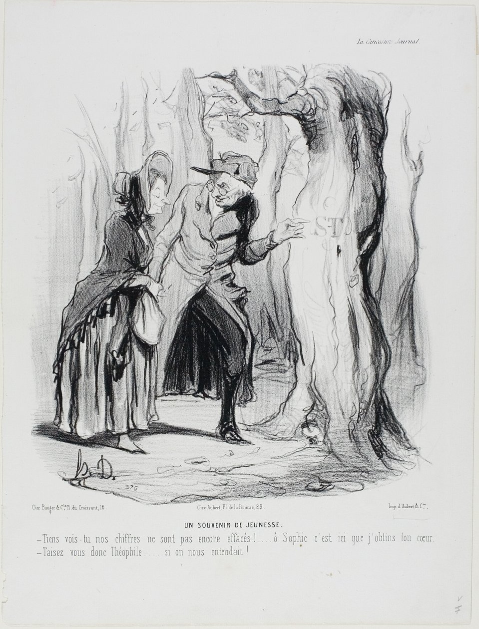 Ungdomsminder. "- Du ser, at vores breve endnu ikke er blevet slettet ... åh Sophie, det var her, jeg vandt dit hjerte. - Hold nu mund, Théophile.... hvis nogen skulle høre os!", plade 49 fra Married Life af Honoré Victorin Daumier