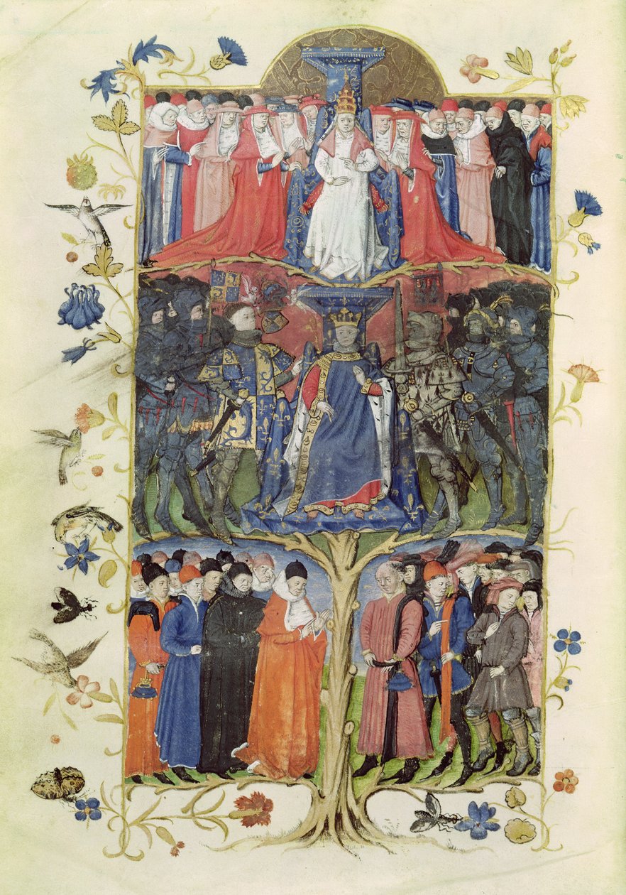 Ms 2695 f.6v Kampens træ: Kong Charles VII (1403-61) mellem Dauphinen, fremtidige Ludvig XI (1423-83) på hans højre og venstre side, Arthur, greve af Richmond, konstabel af Frankrig (1425- 58) og D af Honore Bonnet