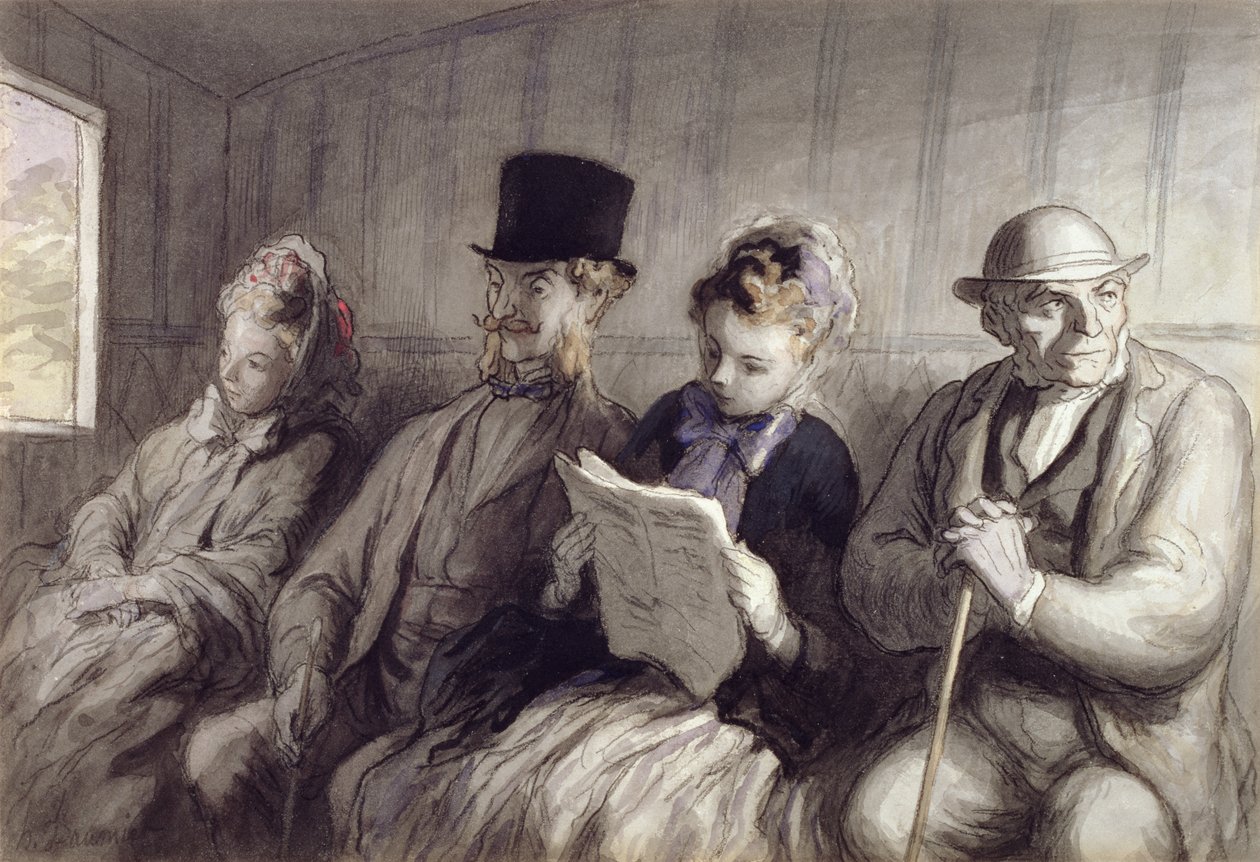 The First Class Carriage, 1864 (wc blækvask og trækul på papir) af Honoré Daumier