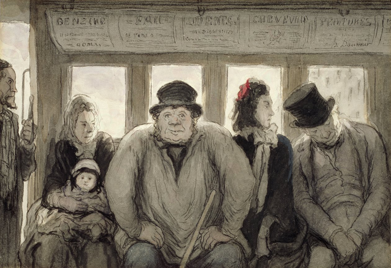 The Omnibus, 1864 (blæk, wc og litografisk farveblyant på papir) af Honoré Daumier