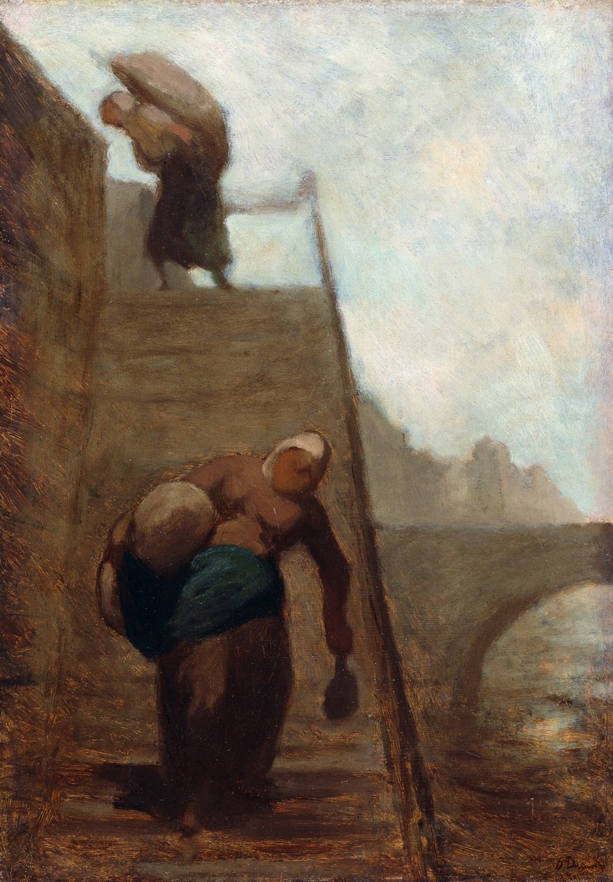 Vaskekoner på kajens trappe, 1850-52 af Honoré Daumier