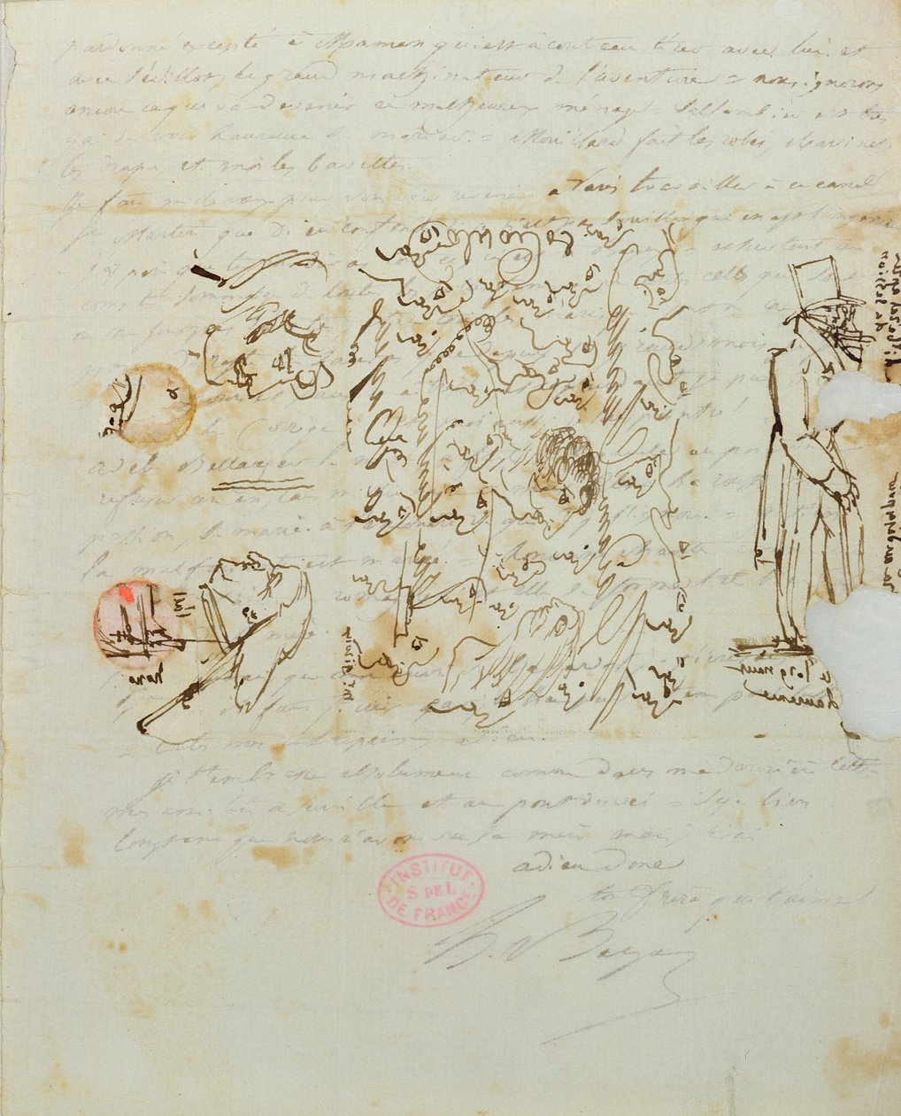 Brev med tegning sendt til Balzacs søster Laure, 1821 (pen og blæk på papir) af Honore de Balzac