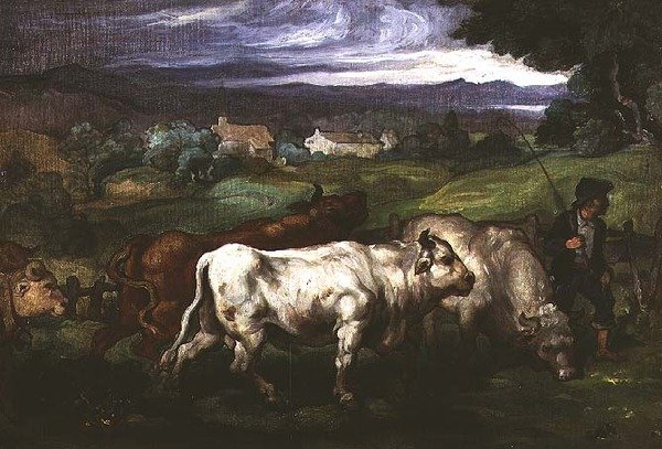 Kvæg og en vognmand i et landskab af Honore (circle of) Daumier