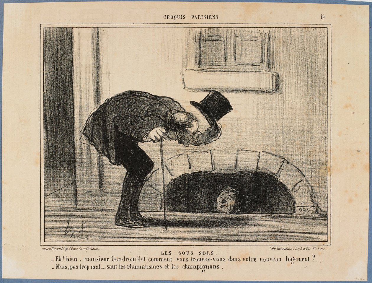 «Nå, hr. Gendrouillet, hvordan befinder De Dem i Deres nye logi?» - «Ikke så dårligt, bortset fra gigt og svampe» af Honoré Daumier