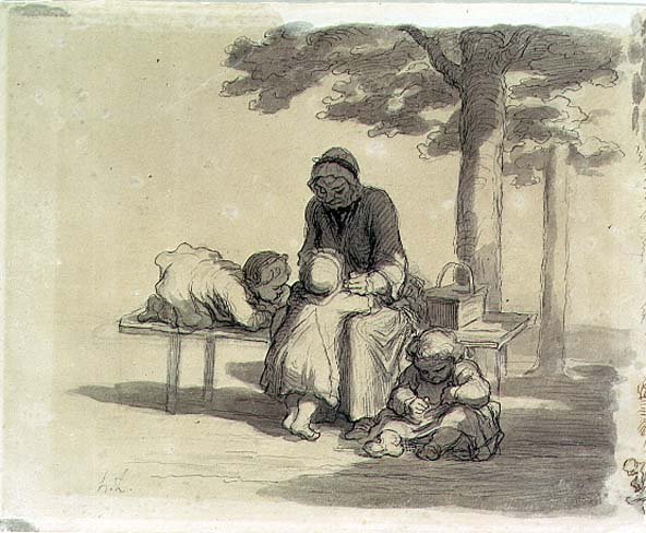 En bedstemor (grå vask og pen og blæk på papir) af Honoré Daumier
