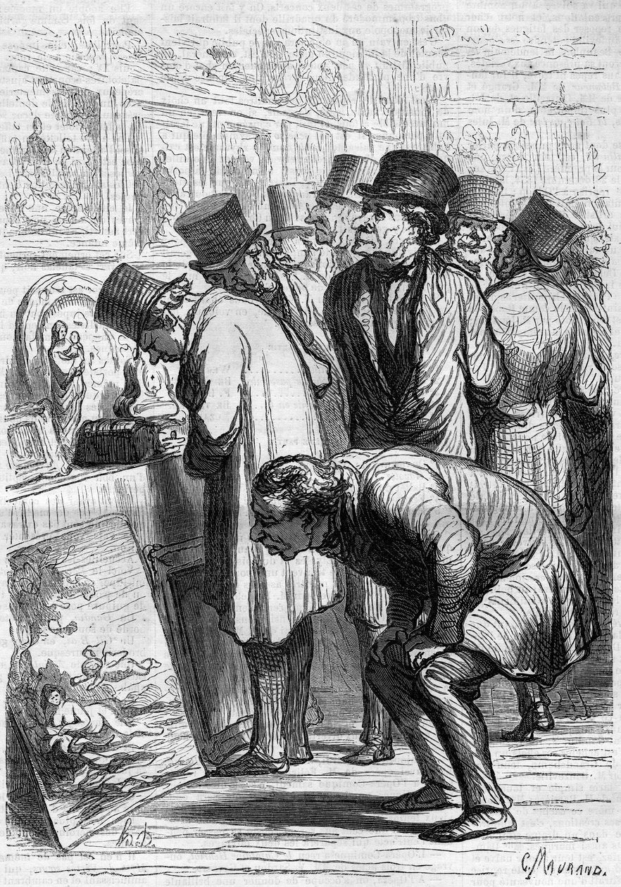 Et værelse på Hotel Drouot, en udstillingsdag. Tegnefilm af Honore Daumier (1808-1879). Indgravering i "" Le Monde Illustré"" nr. 265 af 10. maj 1862. af Honoré Daumier