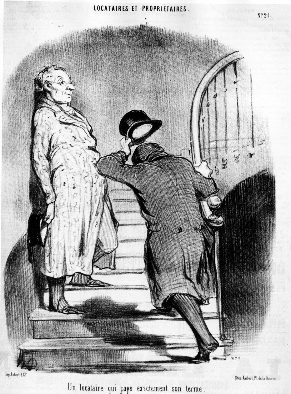 En lejer, der betaler præcis sin periode, taget fra "" Tenants et Owners"", tegneserieserie af Honore Daumier (1808-1879). “Charivari” af Honoré Daumier