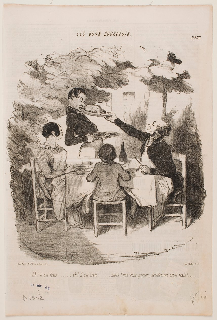Ah, den er frisk, den er frisk! ... Lugt selv til den, tjener, siger De, at den er frisk? ... af Honoré Daumier