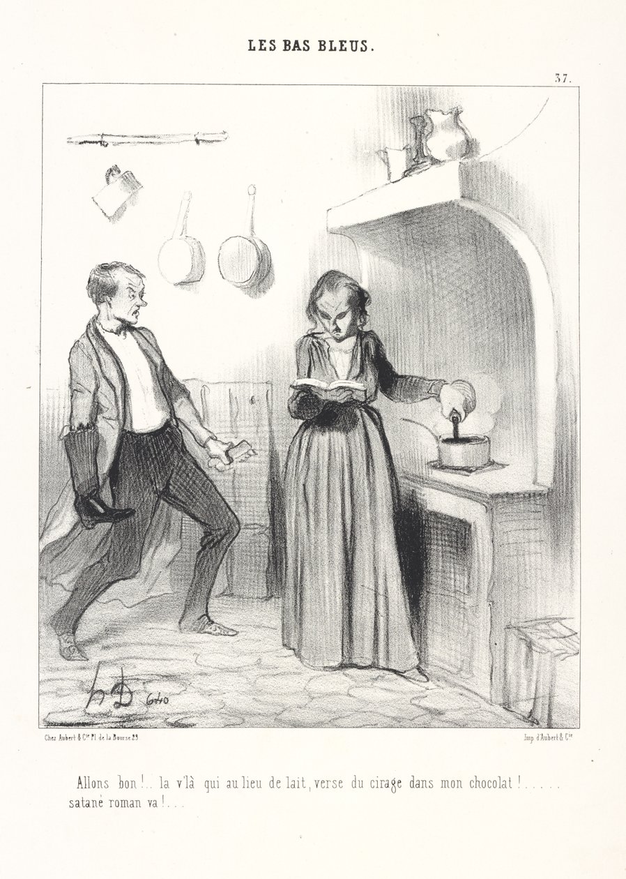 Nå, det var dog!... I stedet for mælk hælder hun skosværte i min varme chokolade!... Nok med den forbandede roman! Pl. 37 fra serien Les Bas-Bleus af Honoré Daumier