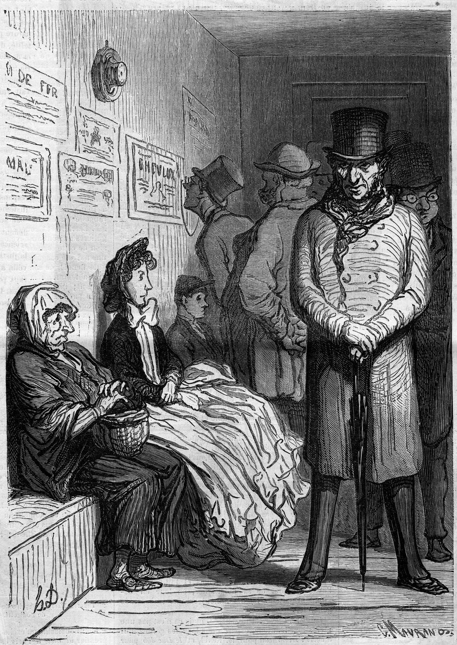 En omnibus ventepult. Tegnefilm af Honore Daumier (1808-1879). Indgravering i "" Le Monde Illustré"" nr. 257 af 15. marts 1862. af Honoré Daumier