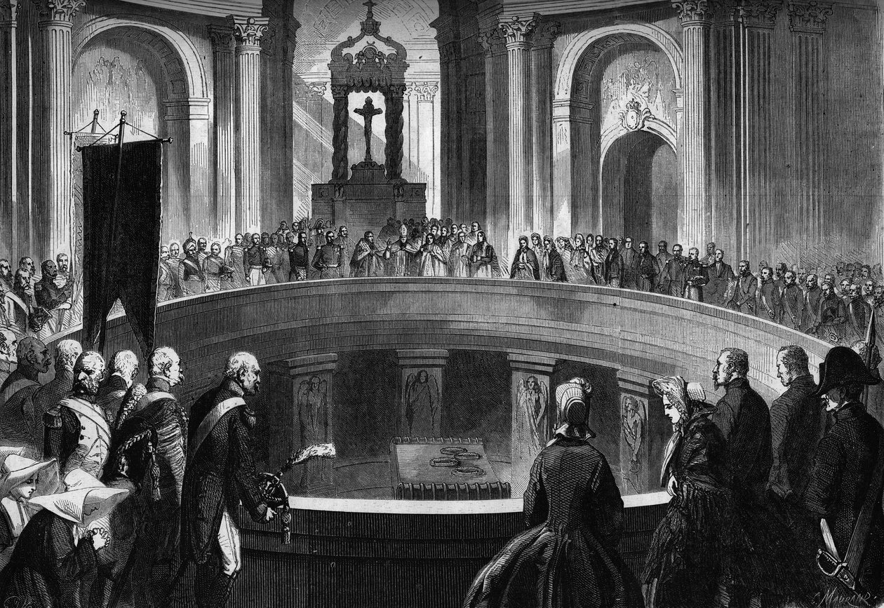 Årsdagen for Napoleons død 1. maj 5, 1863: jubilæumsmesse fejret i Invalides i Paris i nærværelse af tidligere soldater fra Napoleons hær. Indgravering i ""Le Monde Illustre"" nr. 318 af 16. maj 1863. af Honoré Daumier