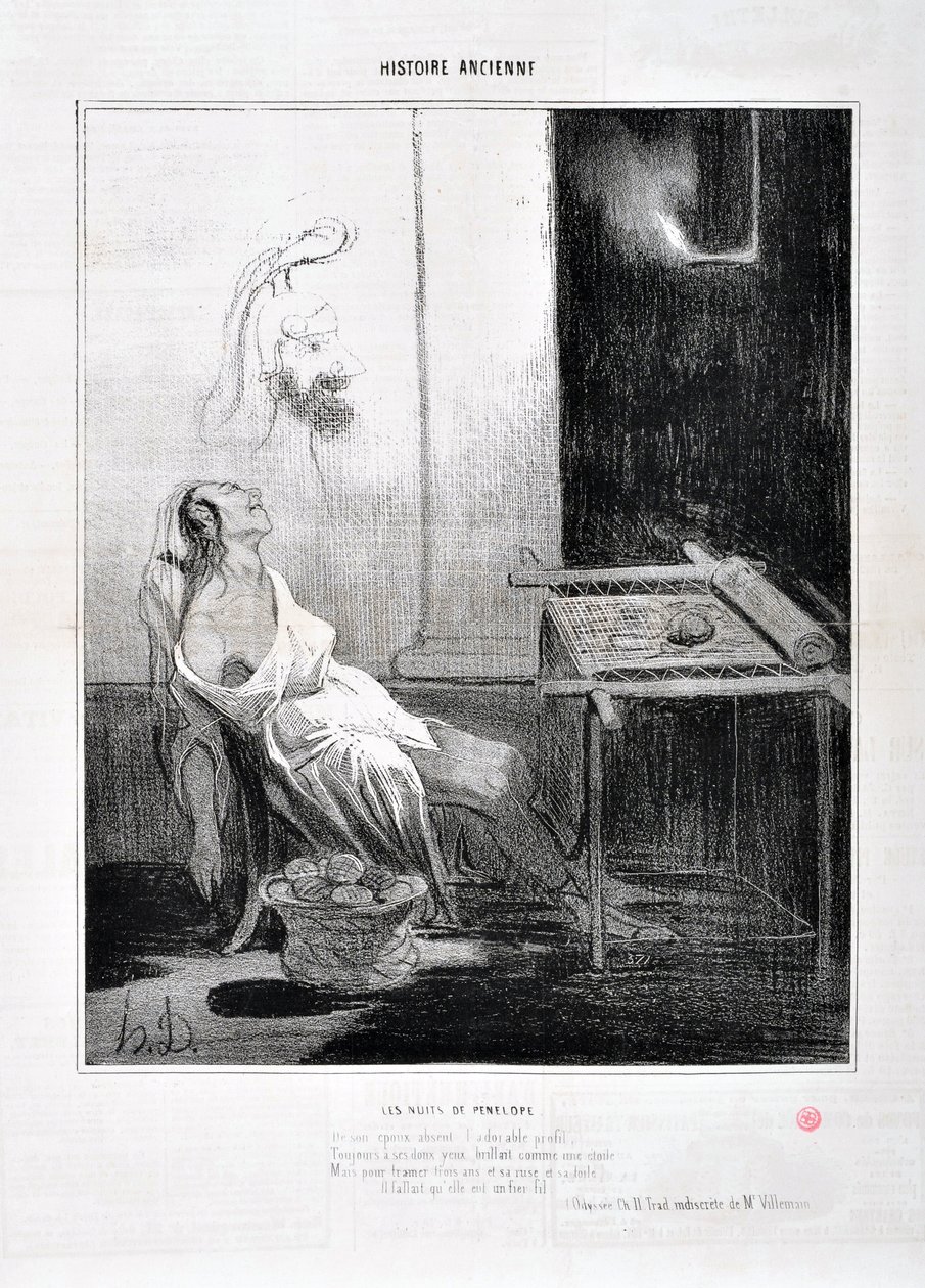 Kunstværk af Honore Daumier (1808-1879) Charivari stammer fra 1842: Serie HISTORIE ANCIE Les Nuits de Penelope "" Fra hendes fraværende yndige profil skinnede Forever med hendes søde øjne som en stjerne Formål at væve tre år og hendes list og hans web Han af Honoré Daumier