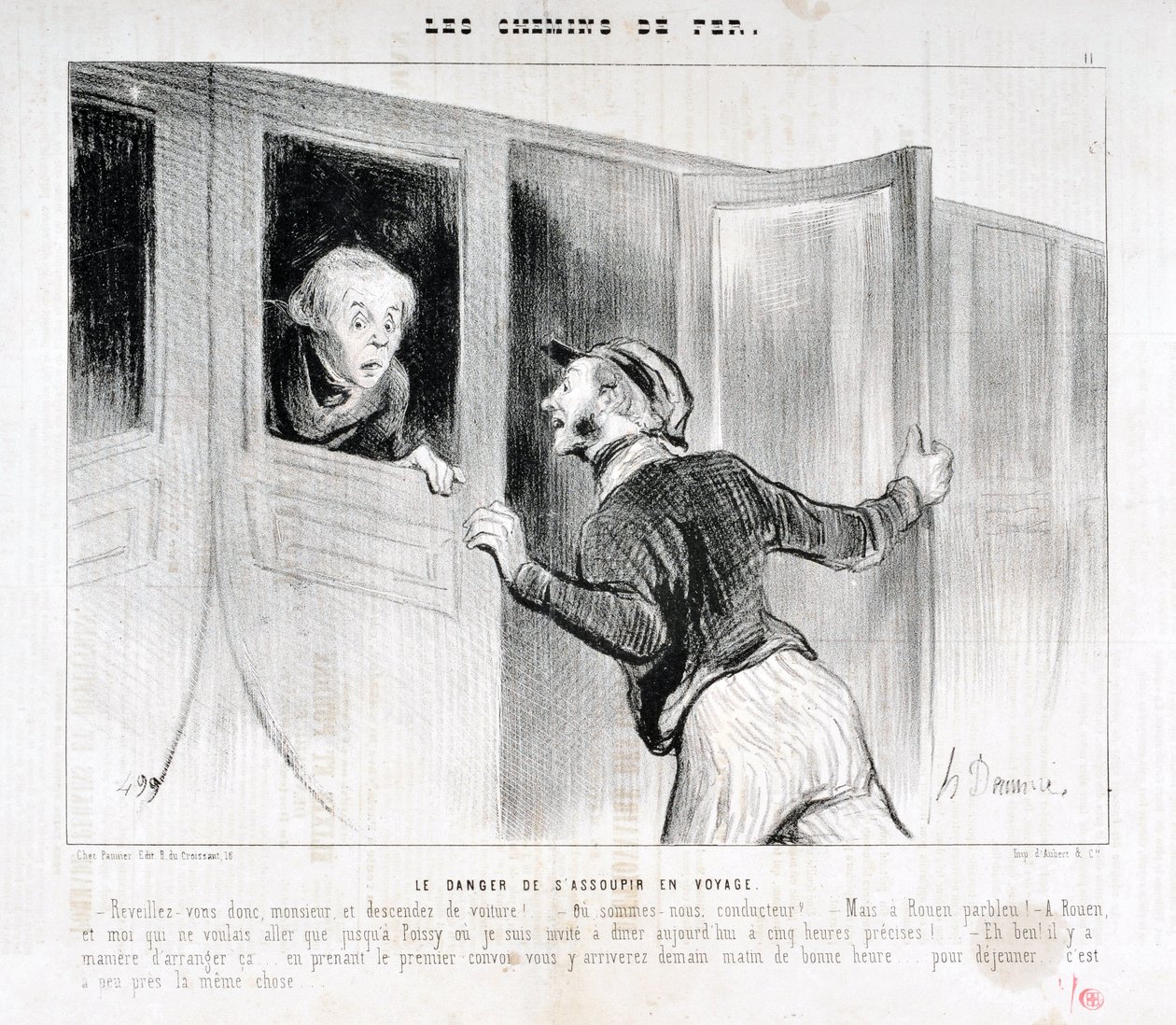Kunstværk af Honore Daumier (1808-1879). Charivari stammer fra 1843: Serie LES RAILWAYS Faren for at falde i søvn på en rejse “” -Vågn op Sir og stå af bilen! - Hvor kører vi? - Men Rouen parbleu! - I Rouen og jeg, der kun ville til Poiss af Honoré Daumier