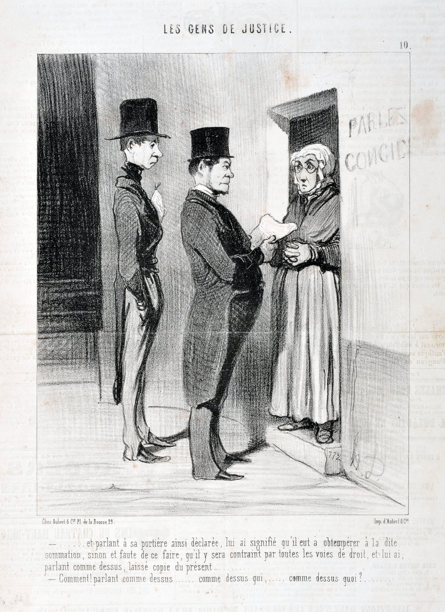 Kunstværk af Honore Daumier (1808-1879). Charivari stammer fra 1845: Serie LES PEANS DE JUSTICE “” -... og taler ved hans døråbning således erklæret, har betydet for ham, at han skulle adlyde den nævnte summation, ellers og undlade at gøre det, så han vil  af Honoré Daumier