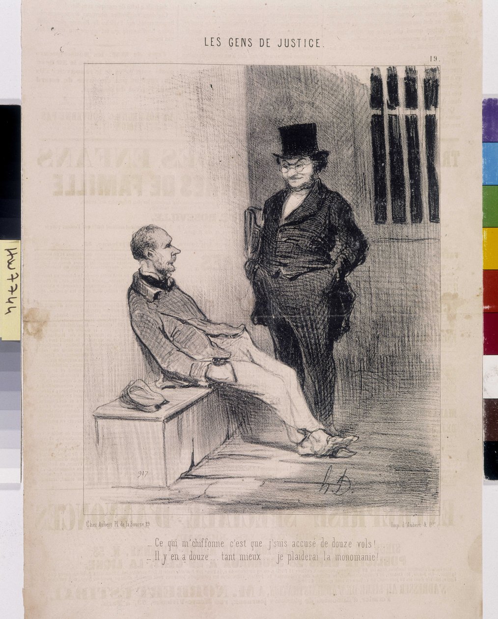 Kunstværk af Honore Daumier (1808-1879). Charivari stammer fra 1845: Serie LES PEANS DE JUSTICE. "" Det, der overrasker mig, er, at jeg er anklaget for 12 røverier! - Der er tolv... meget bedre... jeg vil påberåbe mig monomanien””” uddrag fra avisen Le”” C af Honoré Daumier