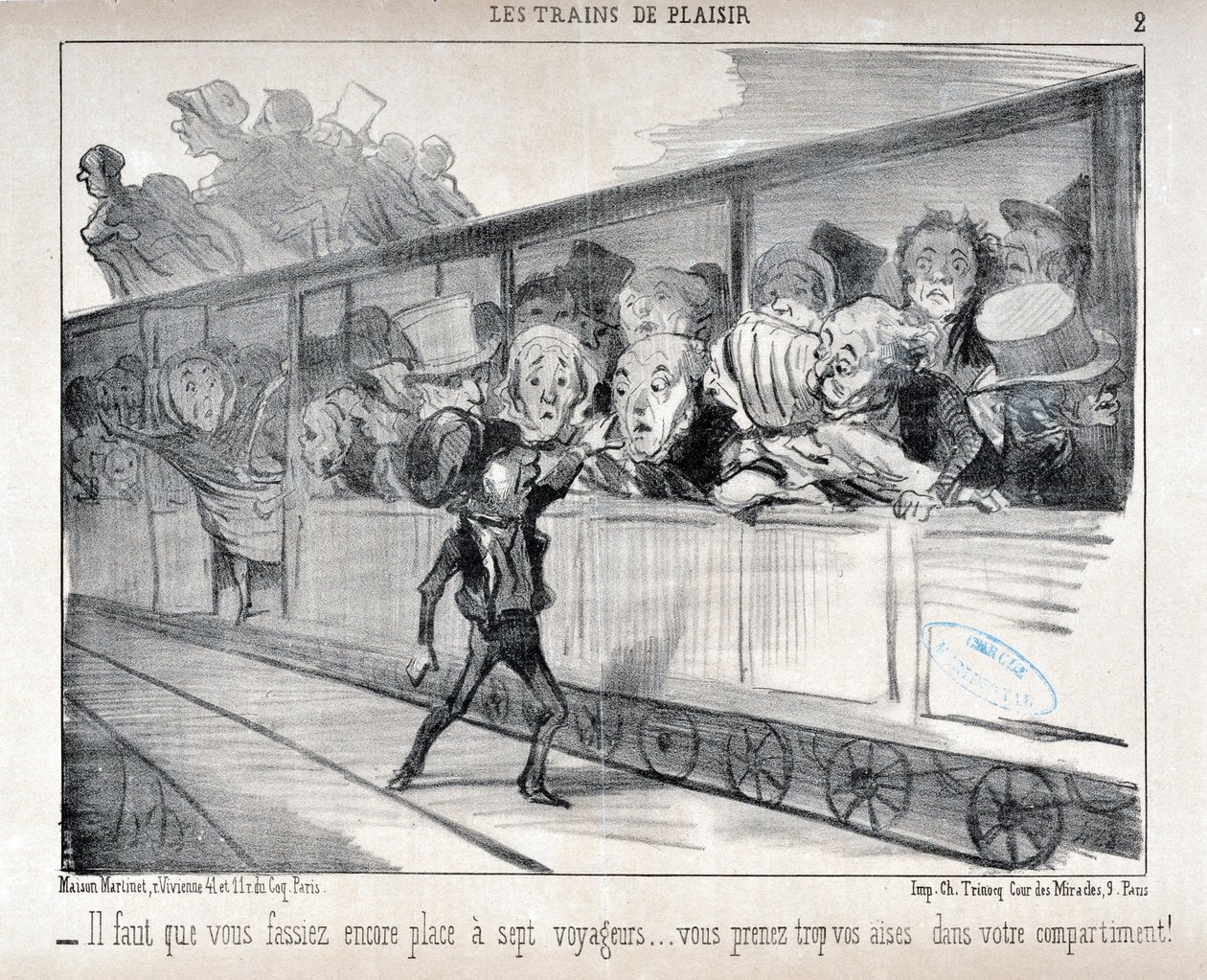 Kunstværk af Honore Daumier (1808-1879). Charivari stammer fra 1852: Serie LES TRAINS DE PLEASURE - Du skal gøre plads til syv passagerer... du er for komfortabel i din kupé! KUNSTMUSEET - PALACE LONGCHAMP, MARSEILLE af Honoré Daumier