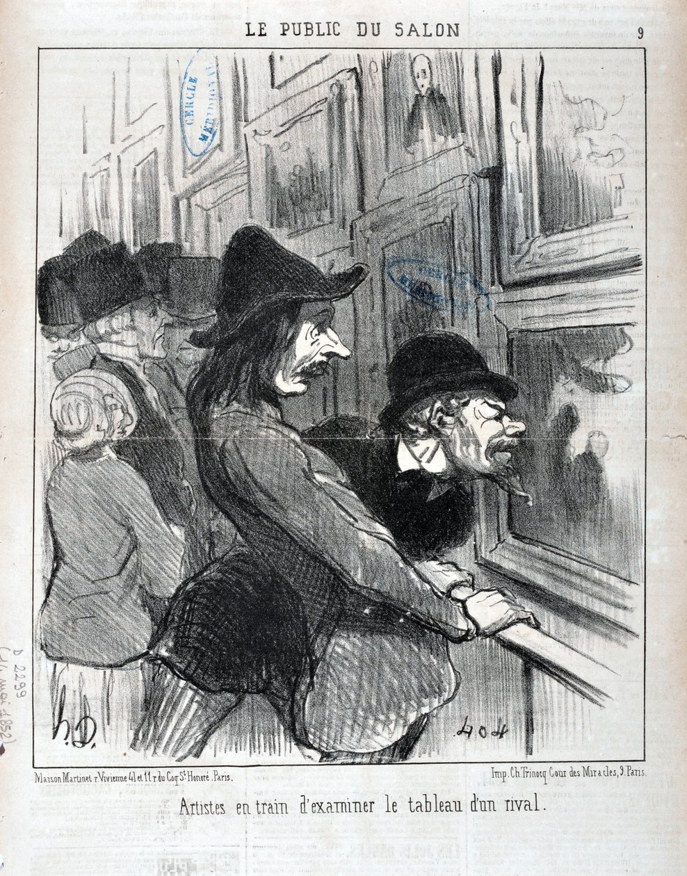 Kunstværk af Honore Daumier (1808-1879). Charivari stammer fra 1852: Serie LE PUBLIC DU SALON - "" Kunstnere undersøger maleriet af en rival"" MUSEE DES BEAUX ARTS - PALAIS LONGCHAMP, MARSEILLE af Honoré Daumier