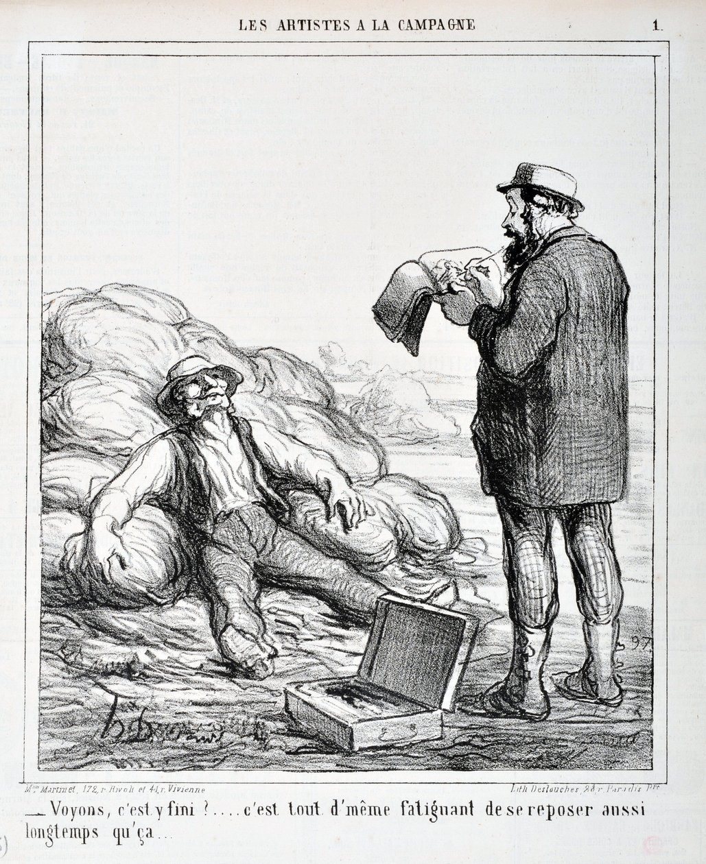 Kunstværk af Honore Daumier (1808-1879). Charivari stammer fra 1865: Serie LES ARTISTS IN THE CAMPAGNE “” - Lad os se, er det slut?... Det er stadig trættende at hvile, så længe det...” KUNSTMUSEET - PALACE LONGCHAMP, MARSEILLE af Honoré Daumier