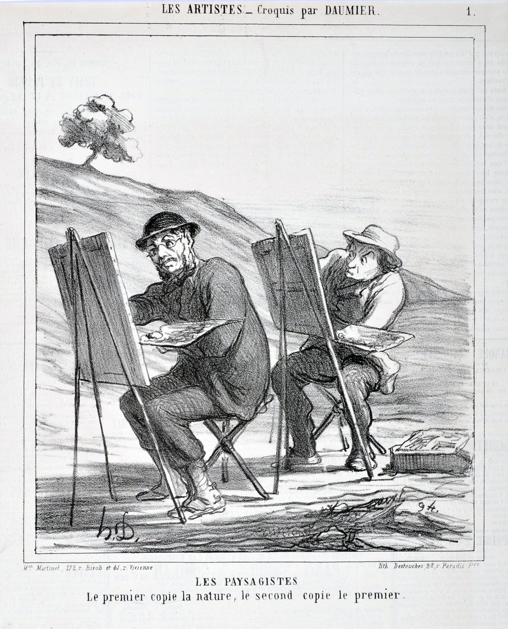Kunstværk af Honore Daumier (1808-1879). Charivari er fra 1865: Serie LES ARTISTS Les paysagistes. "Den første kopierer naturen, den anden kopierer den første" MUSEE DES BEAUTS ARTS - PALAIS LONGCHAMP, MARSEILLE af Honoré Daumier
