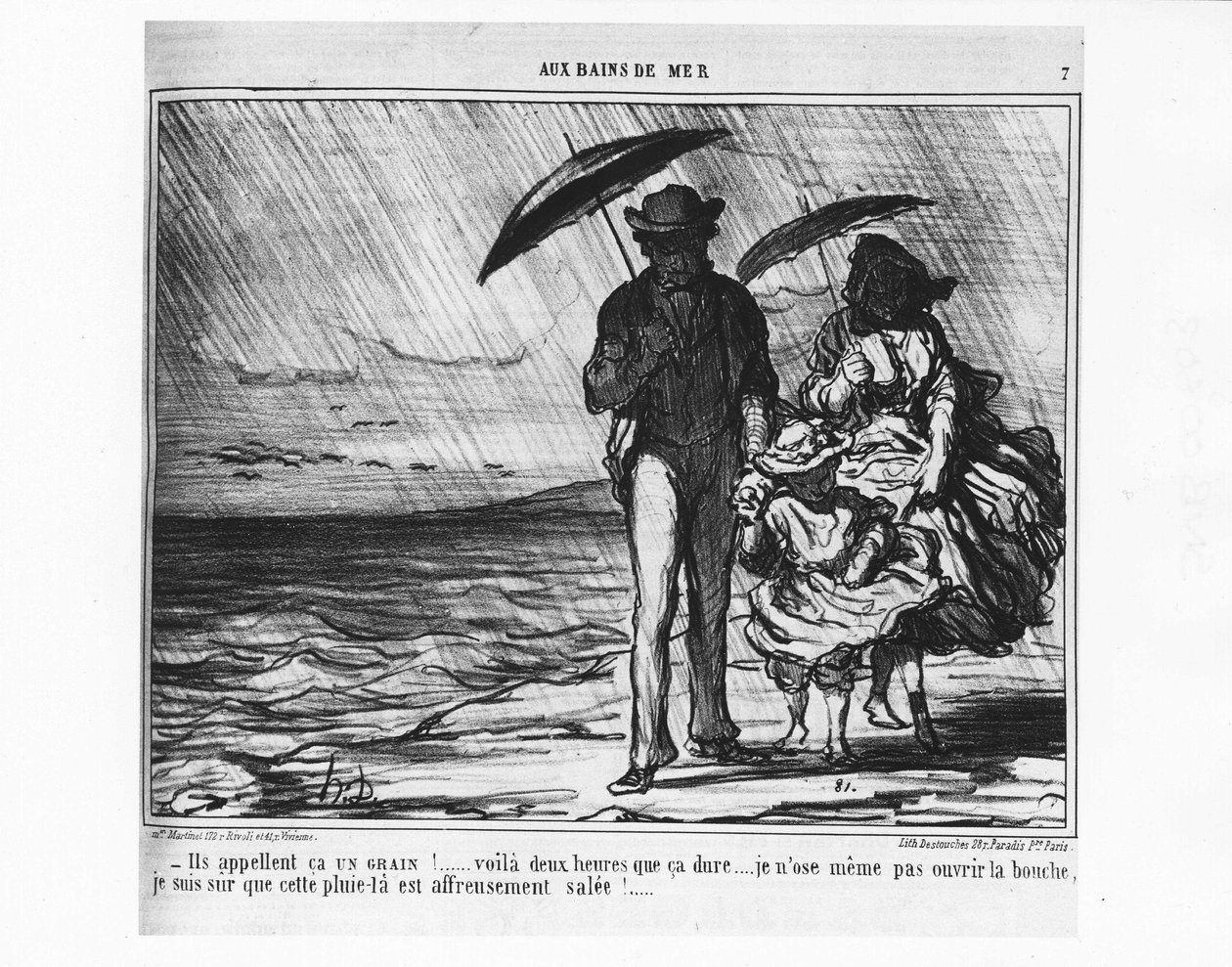 Ved havbadene: Parisere ved havet i silende regn - af Daumier, i "" Charivari"" af 19/09/1859. af Honoré Daumier
