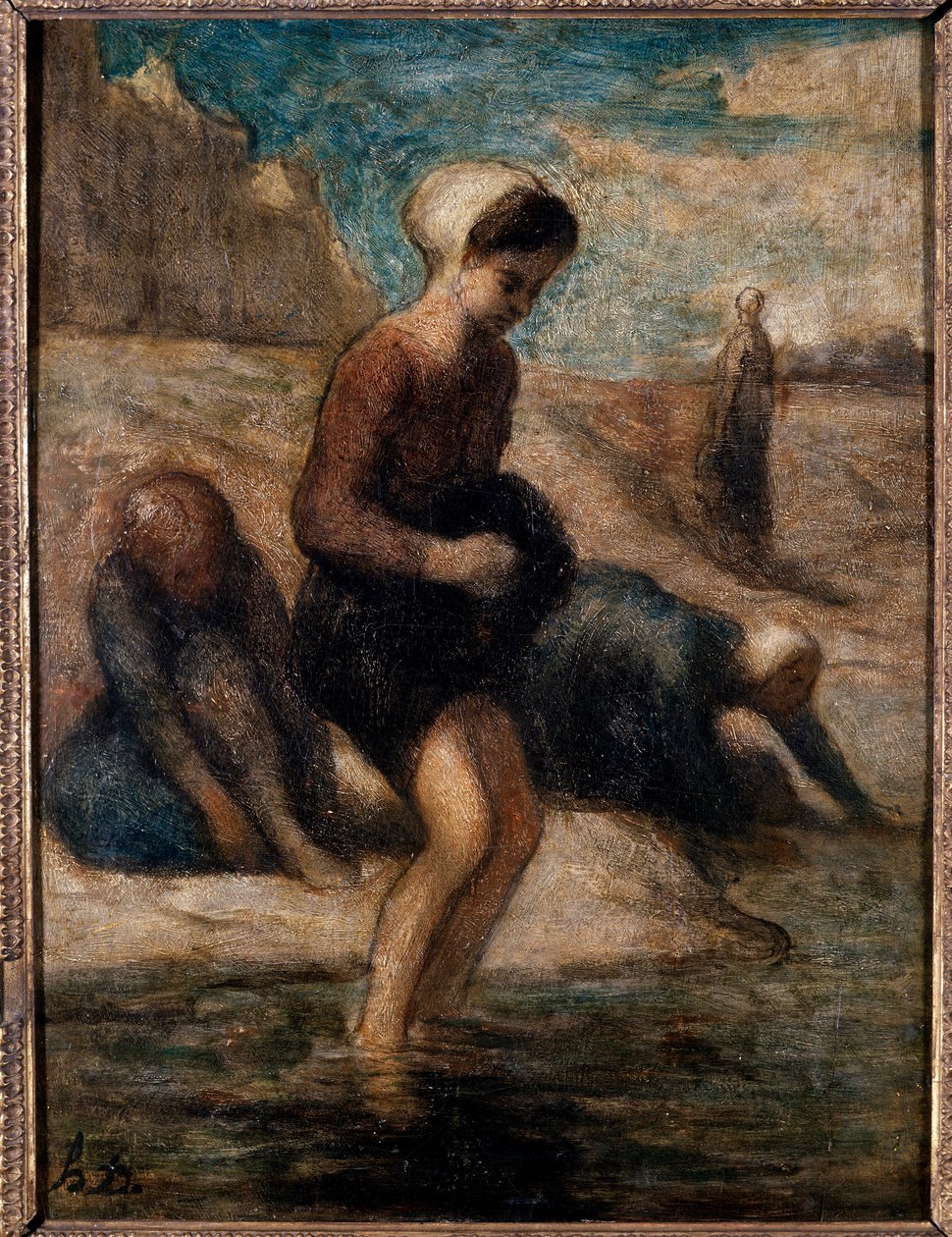 I vandkanten Ung kvinde trænger frygtsomt ned i vandet. Maleri af Honore Daumier (1808-1879) 1800-tallet søn. 0,33x0,24 m Troyes, museum for moderne kunst af Honoré Daumier
