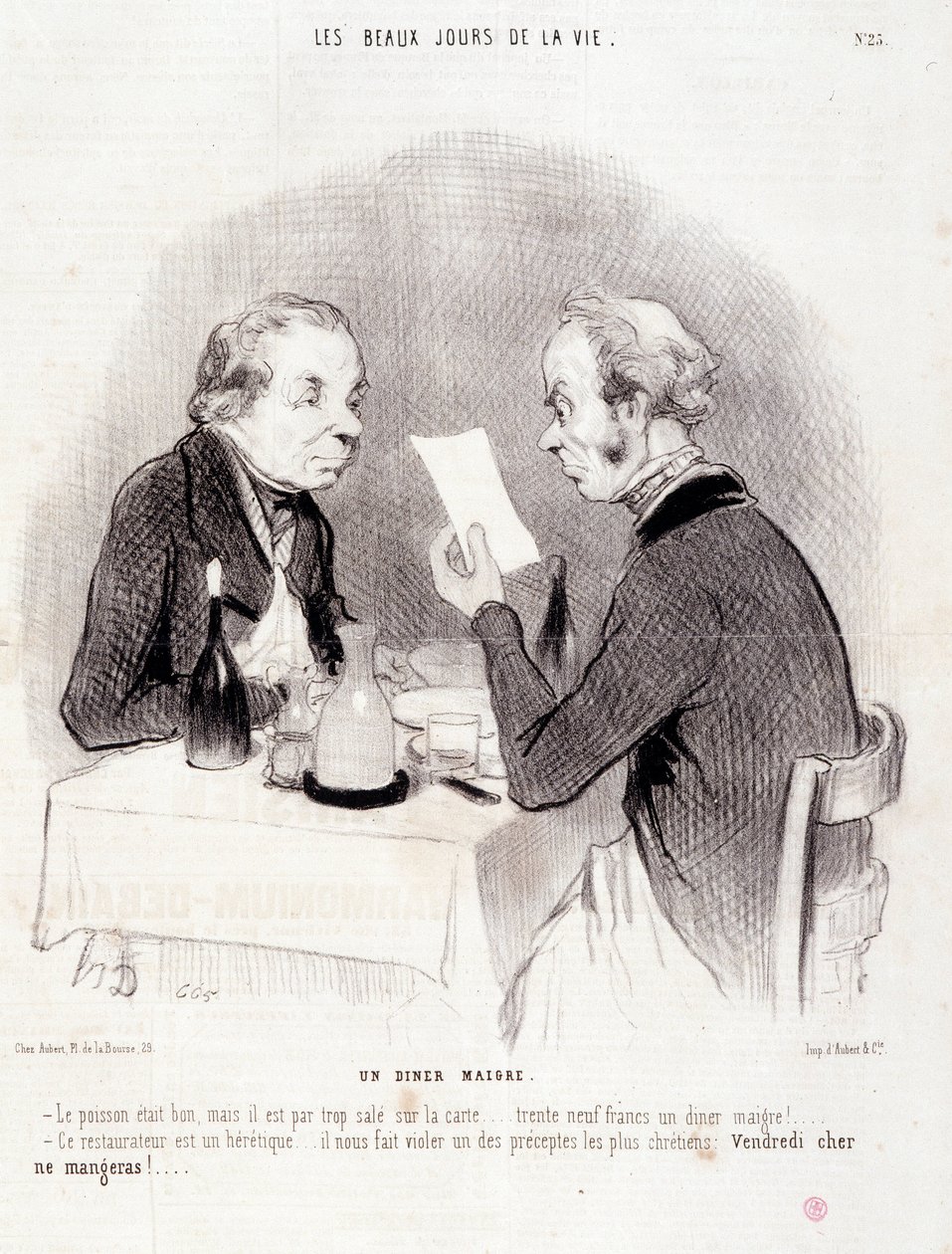 Tegnefilm om kære liv. Serien "" The Beautiful Days of Life"": En mager middag..." Indgravering af Honore DAUMIER (1808-1879). Uddrag fra avisen "" Le Charivari"" den 18. oktober af Honoré Daumier