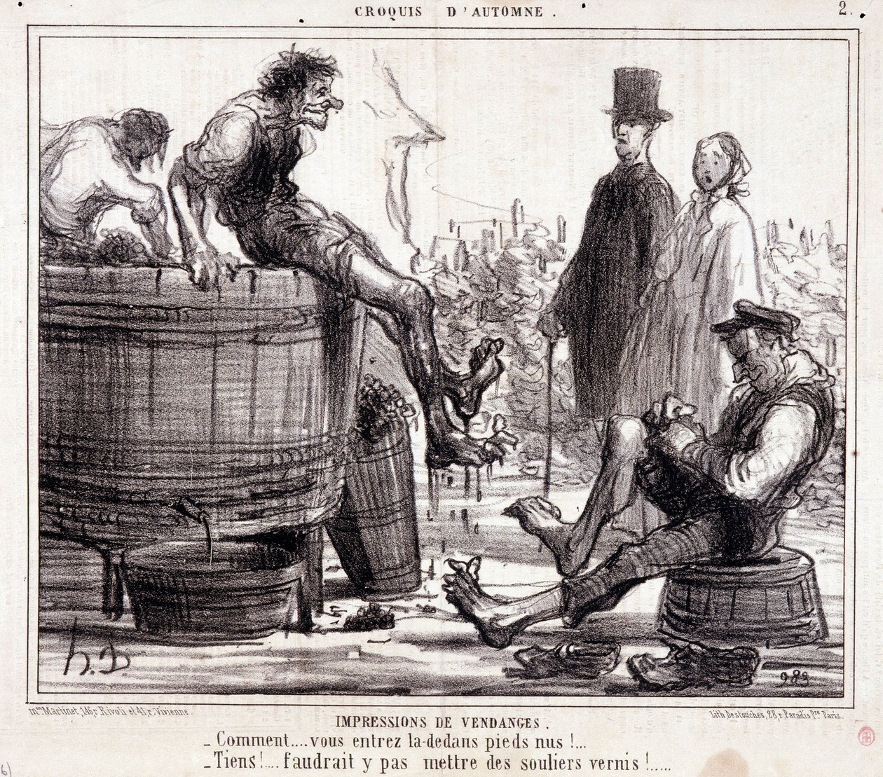 Tegnefilm om høstere, der tramper på barfodede druer, fra serien "Autumn Sketch" af Honoré Daumier