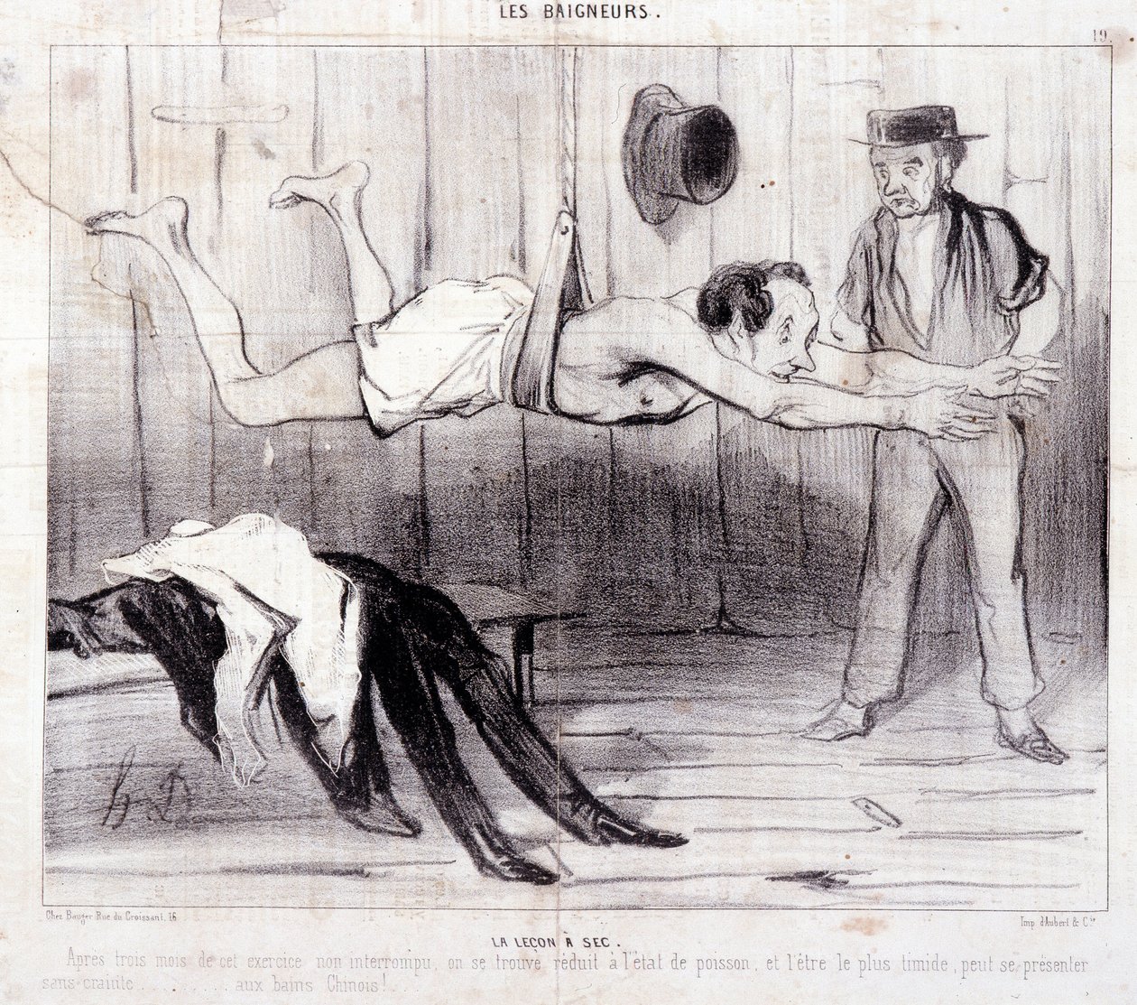 Tegnefilm om turister på ferie. Serien "" Les Baigneurs"": "" La lecon a dry""". Serien "" Les Baigneurs"": "" La lecon a dry""". Gravering af Honore DAUMIER (1808-1879). Uddrag fra avisen "" Le Charivari"". Dim 25x36cm æske 12 Marseille, Musee af Honoré Daumier