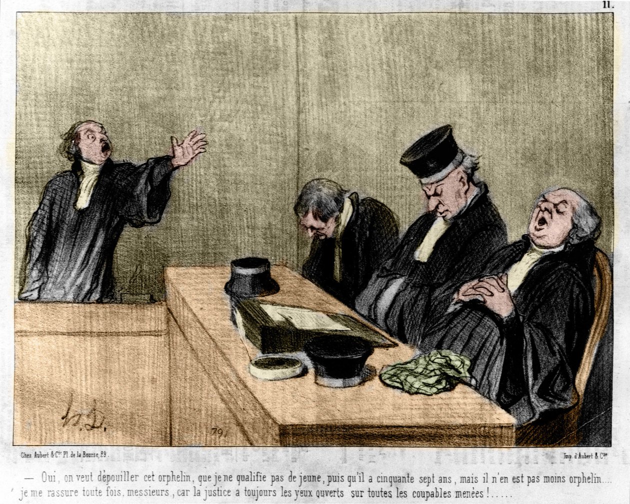 Tegneserie af Daumier: Serie "" Les Gens de justice"" offentliggjort i "" Charivari"" af 15/08/1845. En advokat bønfalder i retten sovende. af Honoré Daumier