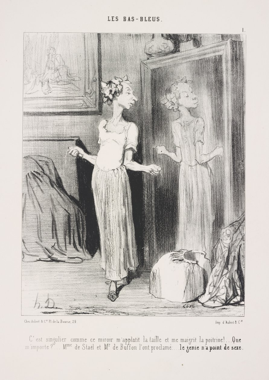Det er besynderligt, hvordan dette spejl flader min talje ud og gør min barm slankere! ... Hvad kommer det mig ved? ... Mme de Staël og Mr. de Buffon har proklameret det: ... geniet har intet køn af Honoré Daumier