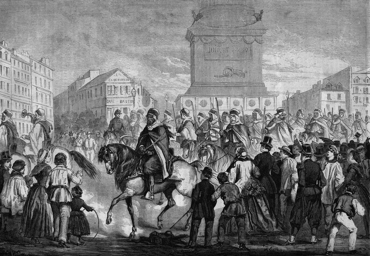Parade af spahis fra den algeriske kolonihær i gaderne i Paris (passage på Place de la Bastille) af Honoré Daumier