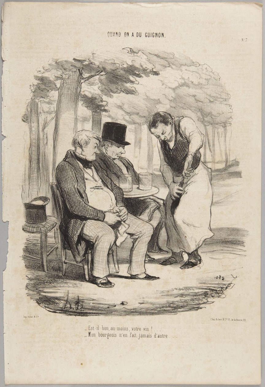 Er Deres vin i det mindste god!... Nummer 7 fra serien Når man har uheld fra Le Charivari af Honoré Daumier
