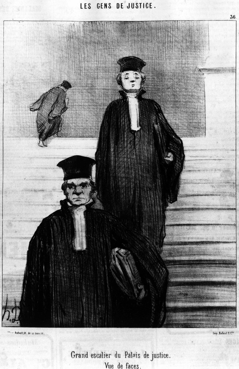Stor trappe af Justice Palace, View of faces, taget fra "Gens de Justice", serie af tegnefilm om Justice af Honore Daumier (1808-1879). “Charivari” af Honoré Daumier