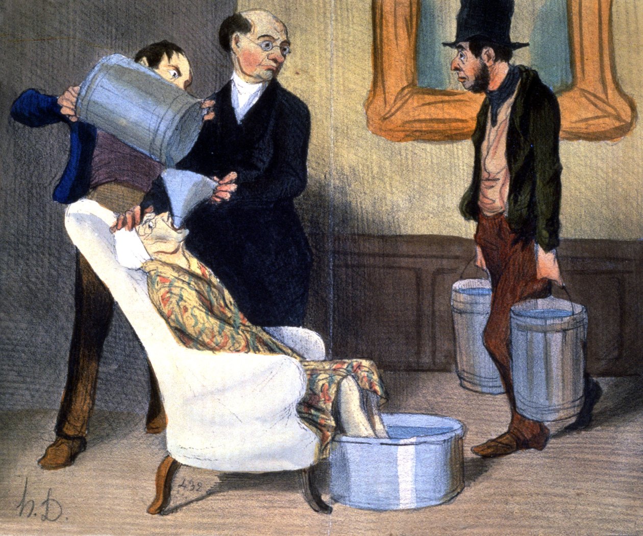 Hydroterapi, genopretning ved vandabsorption, ca. 1850 (illustration) af Honoré Daumier