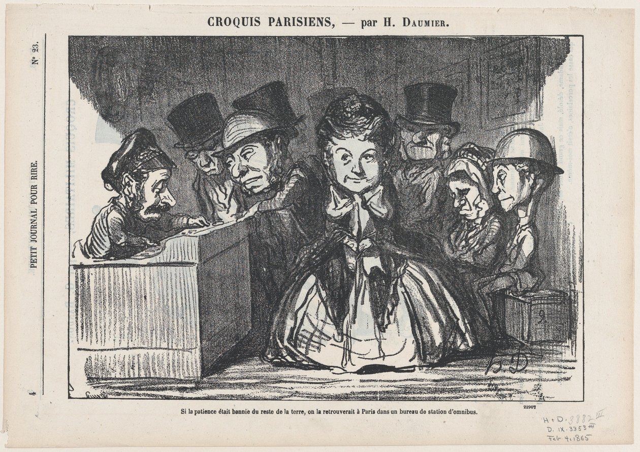 Hvis tålmodigheden var forsvundet fra hele verden, ville man sikkert finde den igen ved en busstation i Paris, fra „Parisiske skitser“ af Honoré Daumier