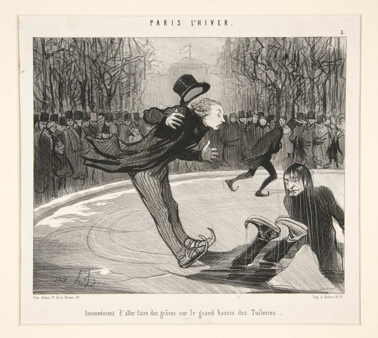 Ulempen ved at gøre sig til ved det store bassin i Tuilerierne, fra Paris om vinteren af Honoré Daumier