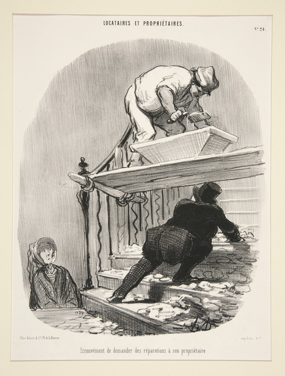 Ulempen ved at bede udlejeren om reparationer, planche 24 fra serien "Lejere og udlejer" af Honoré Daumier