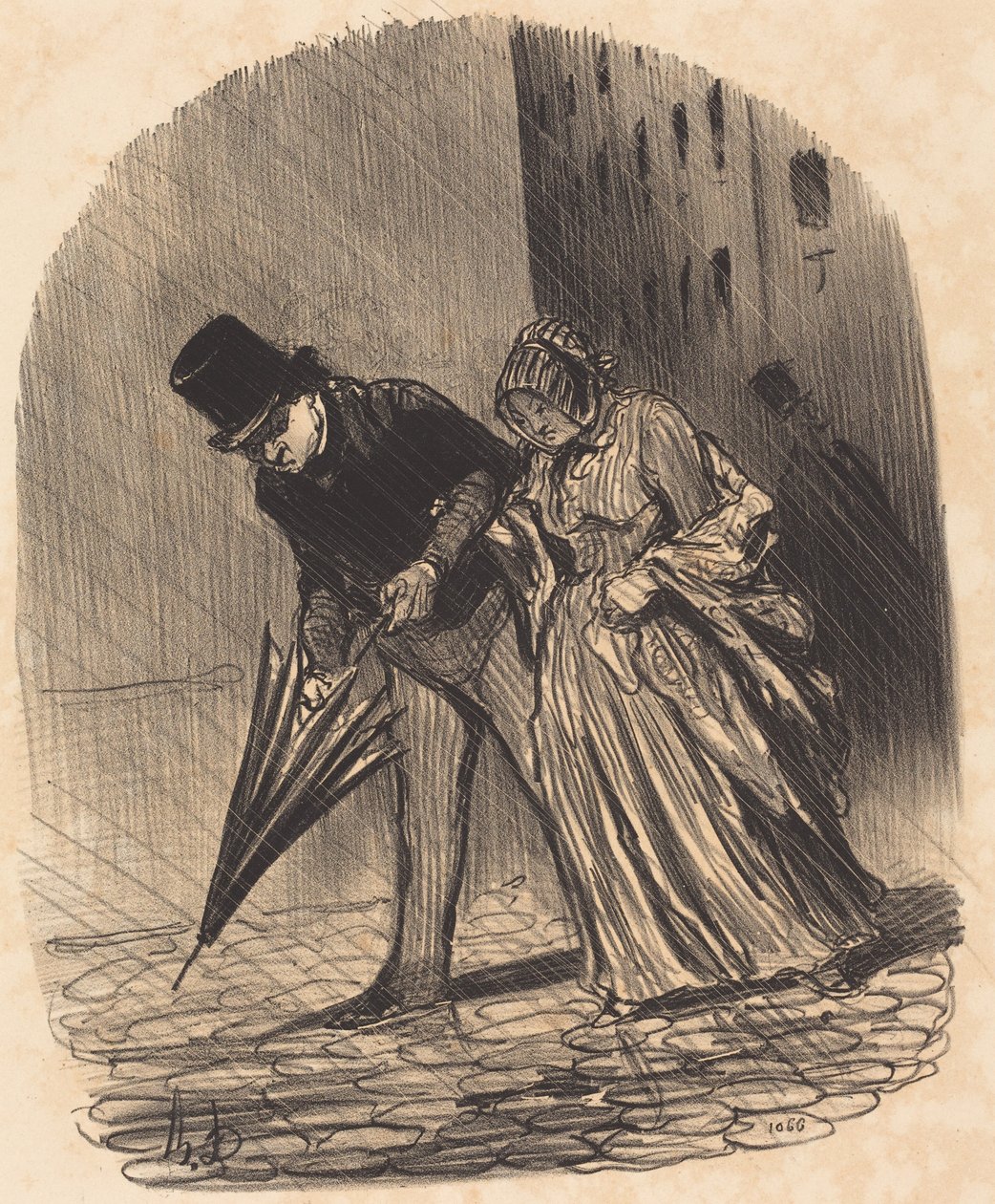 Ulempe ved en alt for kompliceret paraply med fjedre af Honoré Daumier