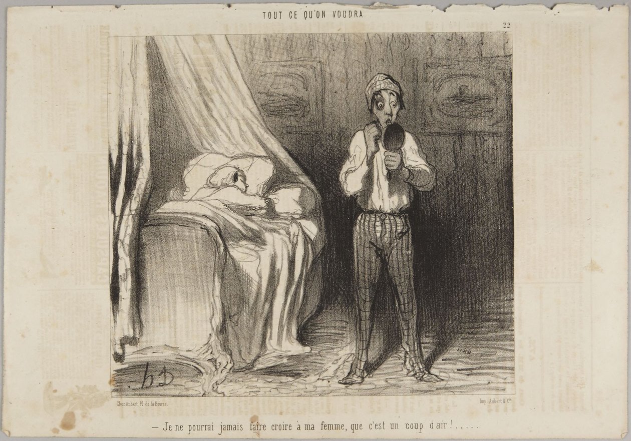 Jeg vil aldrig kunne få min kone til at tro, at det var et vindstød!, nummer 22 fra serien Alt hvad man vil fra Le Charivari af Honoré Daumier
