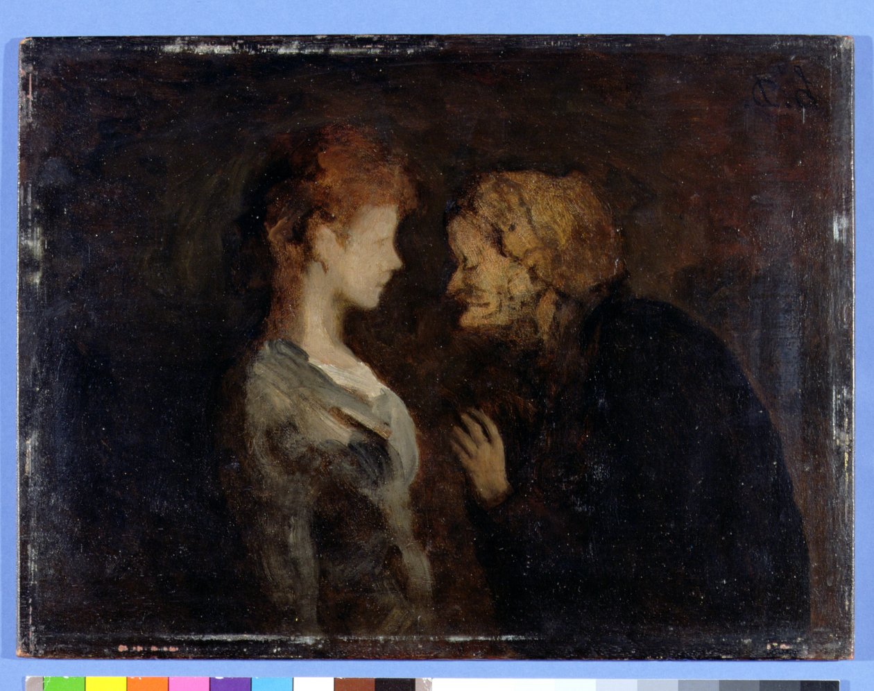 La Confidence (Hemmeligheden) (olie på plade) af Honoré Daumier